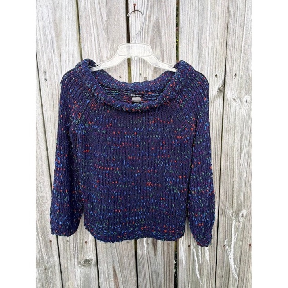 Confetti Chenille Boho Blush & Bloom Sweater M Navy Blue Rainbow Knit Pullover